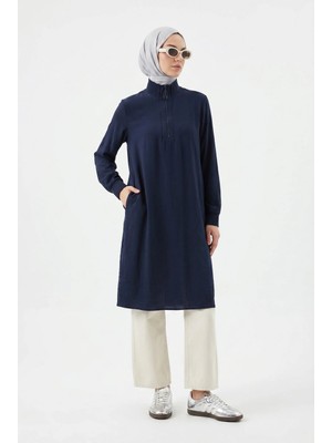 Armine Trend Yarım Fermuarlı Kolları Lastikli Çilek Kumaş Tunik Lacivert 26YT462