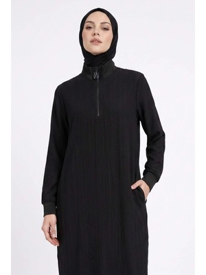 Armine Trend Yarım Fermuarlı Kolları Lastikli Çilek Kumaş Tunik Siyah 26YT462