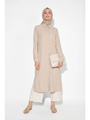 Armine Trend Doğal Kumaş Gömlek Yaka Tam Boy Düğmeli Cep Detaylı 125 cm Boy Tunik Bej 26YT404