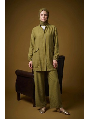 Armine Trend Cep Detaylı Boydan Fermuarlı Pantolonlu Keten Ikili Takım Olive 26YT612