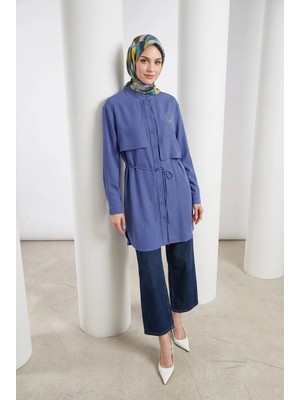 Armine Trend Aller Detaylı Beli Ipli Çiçek Desen Işlemeli Tunik Indigo 26YT407