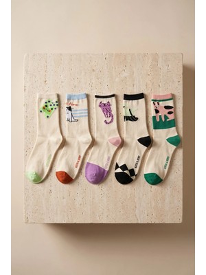 Bony Socks Kadın  5'li  Kedi Desenli Çok Renkli Soket Çorap