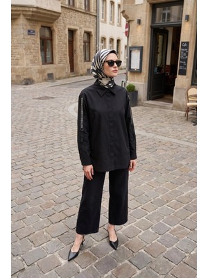 Armine Trend Doğal Kumaş Kolları Taş Detaylı Bluz Gömlek Siyah 25KT301