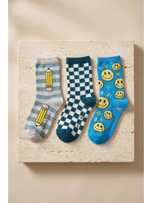 Bony Socks Çocuk Gülen Yüz Desenli 3'lü Soket Çorap