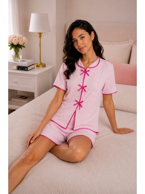 Ebru Tesettür Fiyonk Detay Şortlu Pijama Takımı Pembe