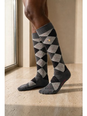 Bony Socks Kadın Ekose Desenli Zımbalı Dizüstü Çorap Gri