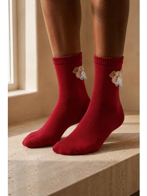 Bony Socks Kadın Teddy Desenli Soket Çorap Bordo