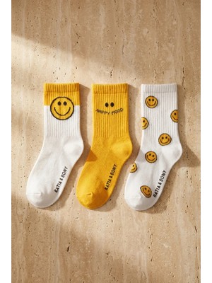 Bony Socks Çocuk Gülen Yüz Desenli 3'lü Soket Çorap Sarı Mix