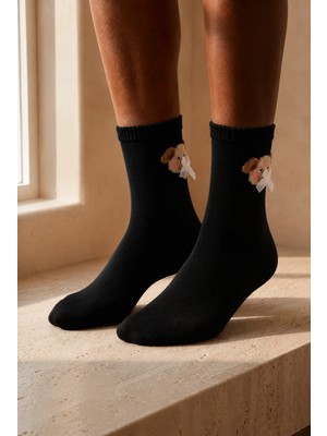 Bony Socks Kadın Teddy Desenli Soket Çorap Siyah