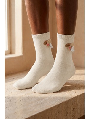 Bony Socks Kadın Teddy Desenli Soket Çorap Ekru