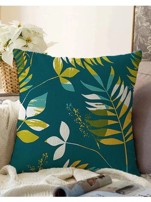 Rem Home Çift Taraflı Renkli Zeminde Yaprak Motifli Dijital Baskılı Modern Raşel Örme Yastık Kırlent Kılıfı