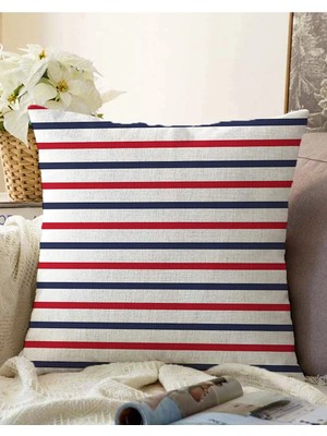 Rem Home Çift Taraflı Beyaz Zeminde Renkli Çizgili Dijital Baskılı Modern Raşel Örme Yastık Kırlent Kılıfı