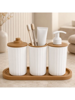 LE Paris 4 Parça Banyo Seti Modern Çizgili Tasarım | Organize | Pamukluk | Organizer | Sıvı Sabunluk | Diş Fırçalık