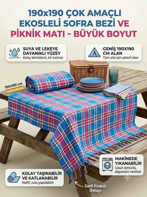 Öztürk Konsept 190X190 cm Yöresel Çok Amaçlı Sofra Bezi | Yüksek Kalite Piknik Örtüsü | Püsküllü Kareli Masa Örtüsü | Kamp, Bahçe ve Yer Sofrası Örtüsü