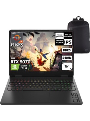 Hp Omen 16-AP0032NT Ryzen 9-8940HX 40-Gbddr5 4 Tbssd RTX5070 (8gb) 16" 240Hz Freedos + Qb Sırt Çantası CA8E9EAQB12