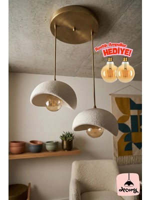 Decory Beton Görünümlü 2'liSarkıt Avize,Bohem Sarkıt Avize (Rustik Ampul Hediyeli) (Bioplastik) E27