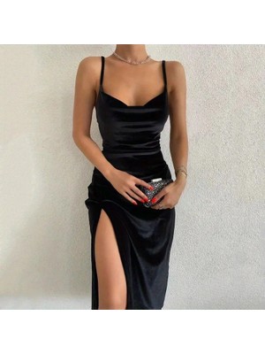 Secret Sita Kadın Askılı Degaje Yakalı Yırtmaçlı Kadife Midi Elbise