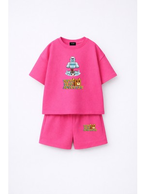 Fasardi Super Bear Adventure Süper Ayı Baskılı Oversize %100 Pamuk Tişört Şort 2li Çocuk Takım