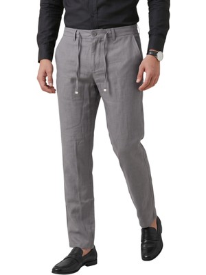 Deepsea Gri Slim Fit Likralı Keten Dokulu Lastikli Belli Ipli Yazlık Erkek Pantolon 2603001