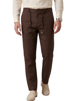 Rizzup Kahve Slim Fit Likralı Keten Dokulu Lastikli Belli Ipli Yazlık Erkek Pantolon 2603001