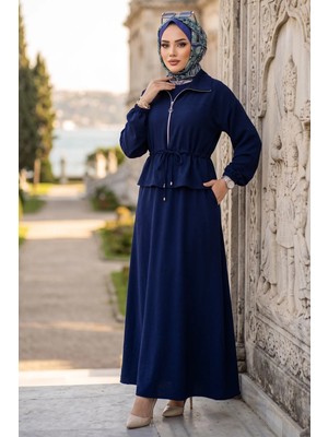 Hafsa Mina Ceketli Kolsuz Elbiseli Ikili Takım Lacivert HM2922