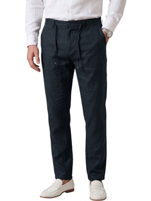 Deepsea Lacivert Slim Fit Likralı Keten Dokulu Lastikli Belli Ipli Yazlık Erkek Pantolon 2603001