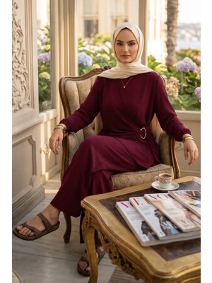 Hafsa Mina Toka Detaylı Pantolonlu Ayrobin Takım Bordo HM2921