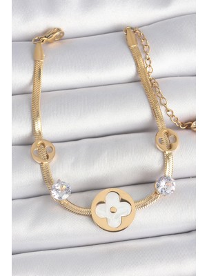 Lumina 316L Çelik Gold Renk Italyan Zincir Beyaz Mineli Yonca Model Zirkon Taş Detaylı Kadın Bileklik 5886