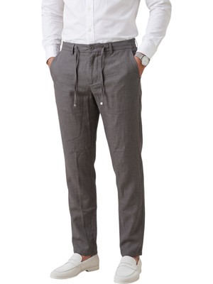 Deepsea Antrasit Slim Fit Likralı Keten Dokulu Lastikli Belli Ipli Yazlık Erkek Pantolon 2603001