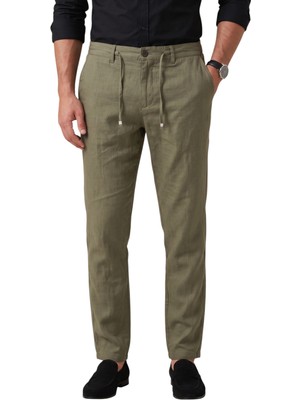 Rizzup Yeşil Slim Fit Likralı Keten Dokulu Lastikli Belli Ipli Yazlık Erkek Pantolon 2603001