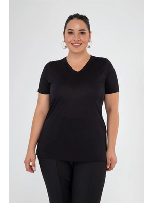 Roxxlen 112072 Kadın Büyük Beden V Yaka Basic Bluz