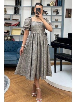 Madmext Haki Balon Kol Desenli Midi Boy Kadın Elbise MG2419