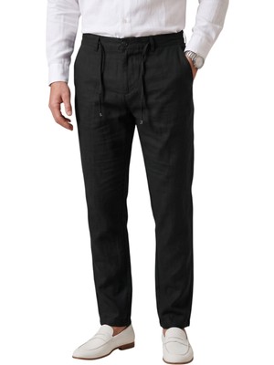 Rizzup Siyah Slim Fit Likralı Keten Dokulu Lastikli Belli Ipli Yazlık Erkek Pantolon 2603001