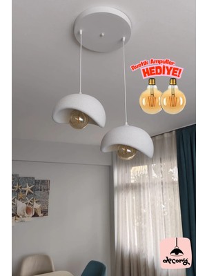 Decory Beton Görünümlü 2'liSarkıt Avize,Bohem Sarkıt Avize (Rustik Ampul Hediyeli) (Bioplastik) E27