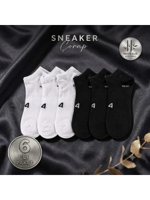 Erka 6'lı Sneaker Çorap Seti - 3 Beyaz 3 Siyah - Nefes Alan Yumuşak Dokulu Kısa Çorap (39-43