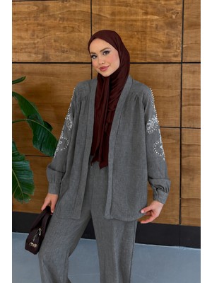 Miss Allos Kadın Nakış ve Inci Işlemeli Keten Kimono Takım