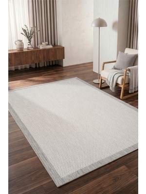 Koza Halı Fresco Antrasit Ekru İskandinav Jüt Yıkanabilir Bordür Halı Kilim Balkon Teras Mutfak Halısı 23745A, 160 x 230