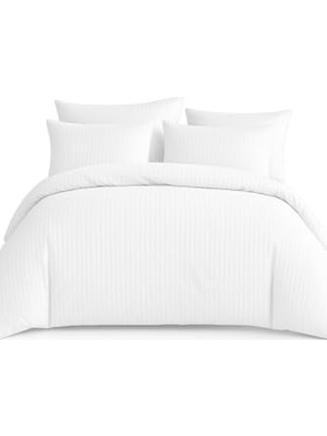 Die Grup Mulberry Çift Kişilik Çizgili Saten Nevresim TAKIMI%100 Pamuk 200X220 - Yumuşak Dokulu Lüks Nevresim Takımı Beyaz