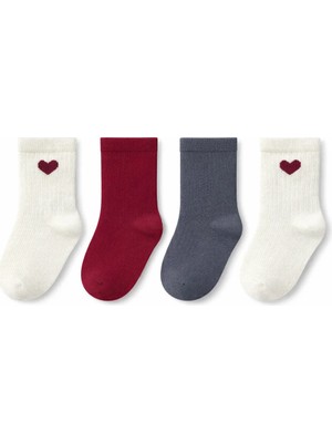 Solde Socks 4’lü Set Bebek/çocuk Pamuklu Günlük Çorap – Kalp Desenli & Düz Renk, Kaliteli