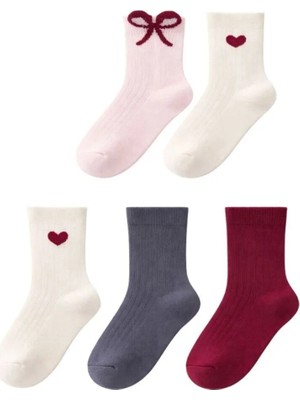 Solde Socks 5’li Set Bebek/çocuk Pamuklu Günlük Çorap – Kalpli & Fiyonklu Desen, Kaliteli