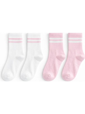 Solde Socks 2'li Kız Çocuk Pamuklu Günlük Çorap - Çizgili Desen, Beyaz & Pudra Renk, Yumuşak Dokulu, Kaliteli