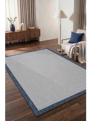 Koza Halı Fresco Ekru Lacivert İskandinav Jüt Yıkanabilir Bordür Halı Kilim Balkon Teras Mutfak Halısı 23745A, 160 x 230