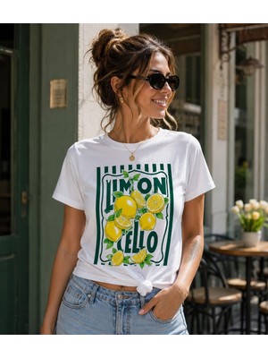Hesco Limon Cello Baskılı Beyaz  Kadın Tişört – Vintage Yaz Temalı Grafik Tasarım