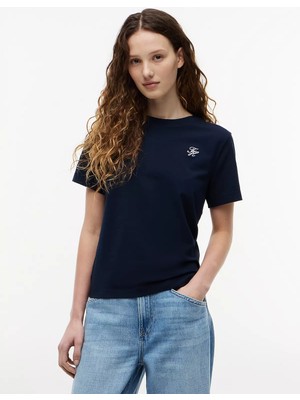 Tommy Hilfiger Kadın Yuvarlak Yaka Kısa Kol Düz Regular Fit Lacivert T-Shirt WW0WW49941-C1G