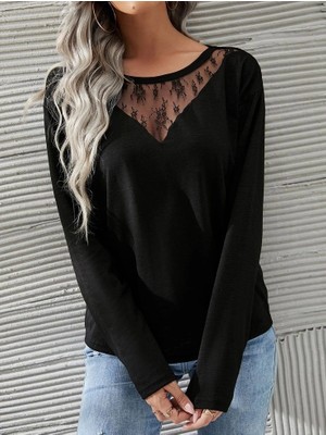 Lune Store Kadın Uzun Kollu Geniş Yuvarlak Yaka Dantelli Viskon Iki Iplik Bluz