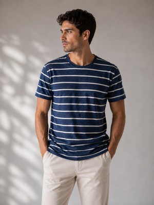 Bidesing Erkek Lacivert Çizgili Günlük Casual Basic Tişört