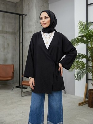 Miostil Yan Bağlamalı Çilek Tunik-Siyah