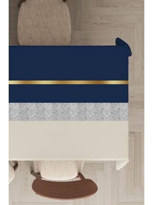Die Grup Yıkanabilir Leke Tutmaz Premium Tay Tüyü Kadife Kumaş Gold Çizgili Masa Örtüsü MSO477, Gold - Lacivert, 140 x 140