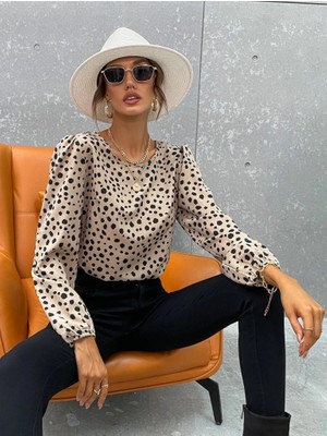 Lune Store Kadın Uzun Kollu Bisiklet Yaka Desenli Bluz