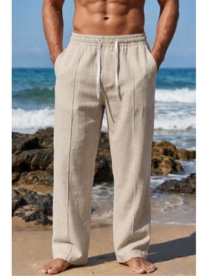 Tarz Cool Erkek %100 Keten Rahat Kalıp Beli Lastikli Yazlık Keten Pantolon Cepli Günlük Casual Plaj Pantolonu